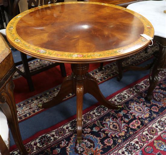 A painted satinwood and mahogany centre table, W.90cm